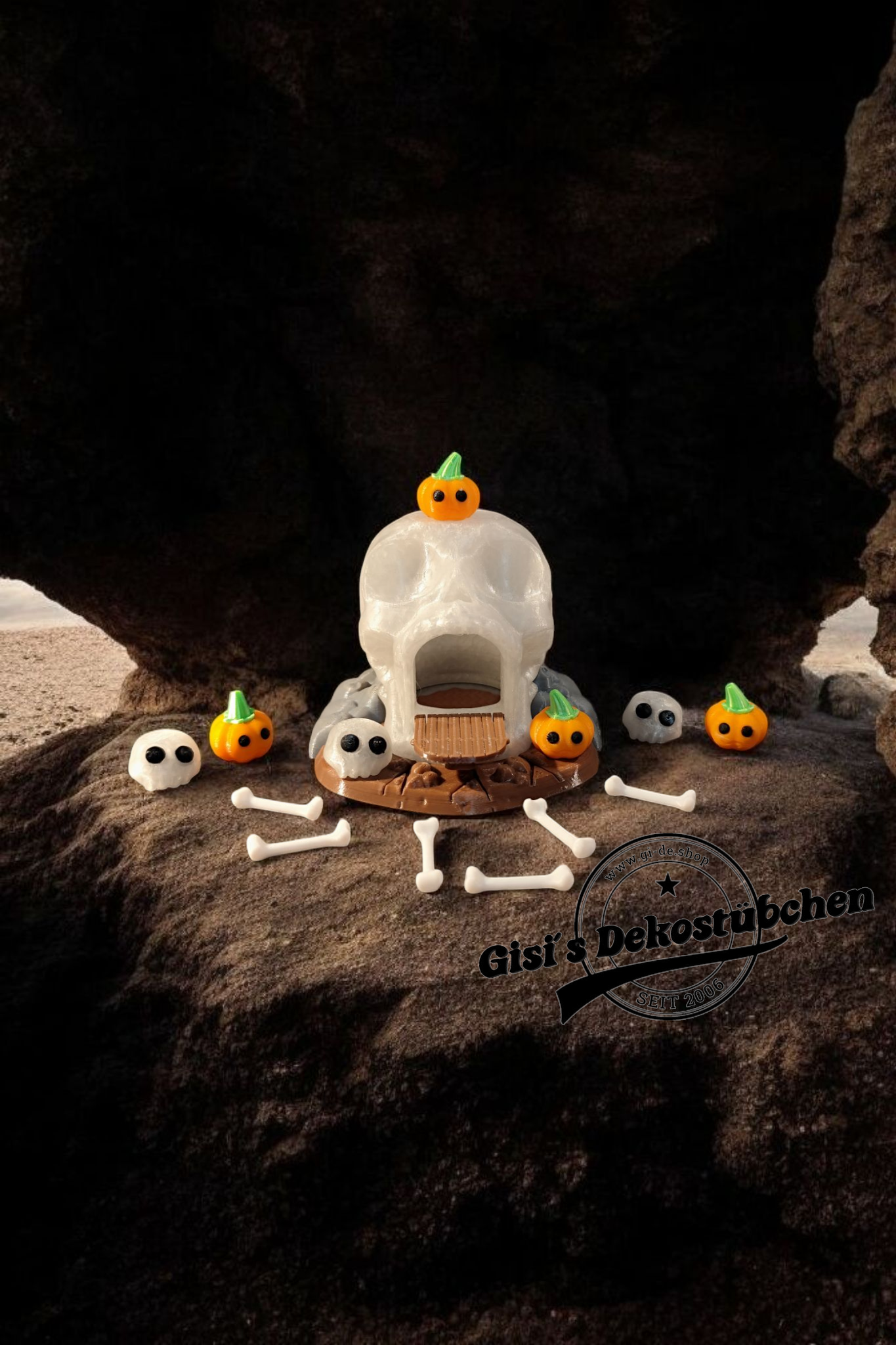 3D gedruckte Teelichthalter Totenkopfhaus