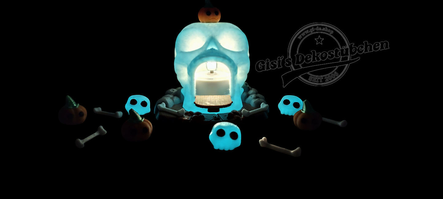 3D gedruckte Teelichthalter Totenkopfhaus