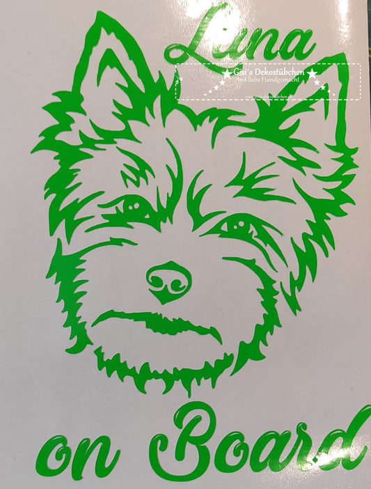 Autoaufkleber Autotattoos Hund Yorkshire Terrier mit Wunschnamen personalisiert selbstklebendes