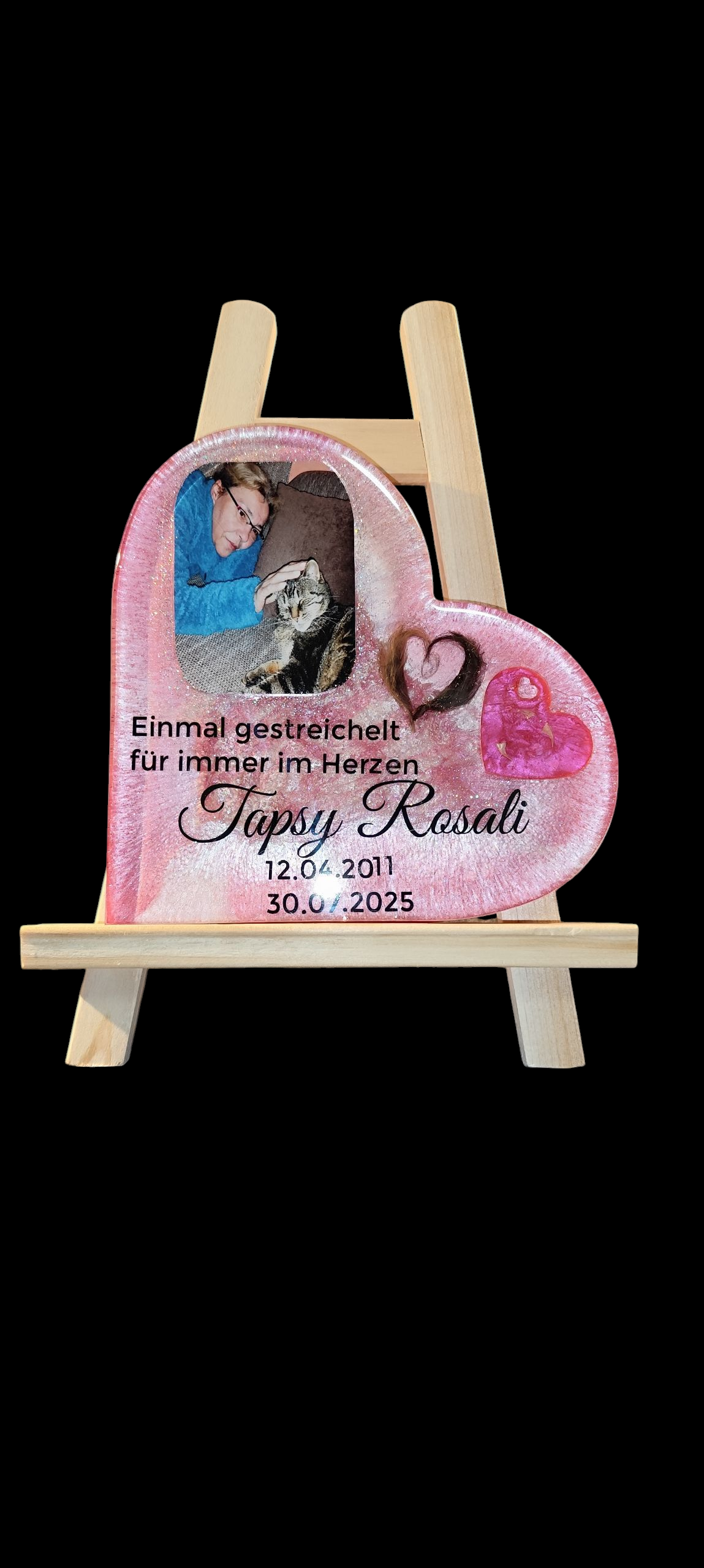 Herz zum Aufstellen mit Haaren, Zahn, Asche oder Krallen, Foto deines Tieres zur Erinnerung