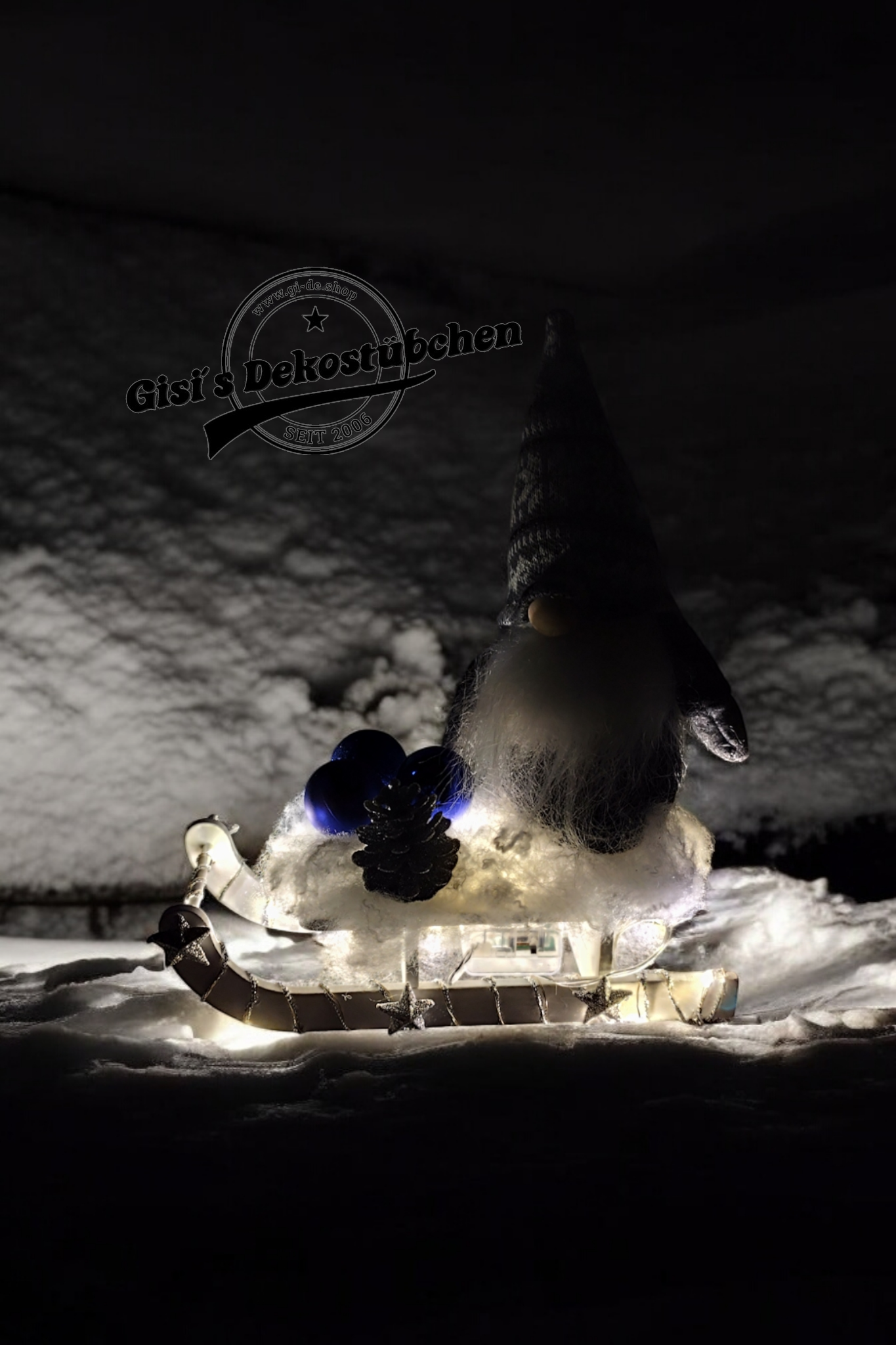 Schlitten Wichtel Advent Weihnachten Winter Holz Blau / Grau