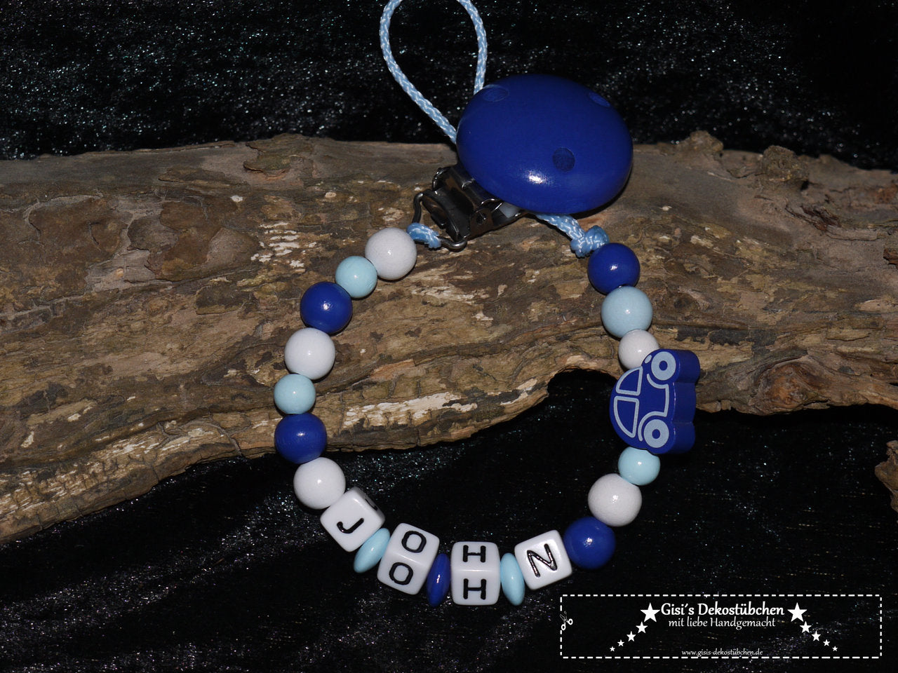 Schnullerkette mit Name Wunschname AUTO BLAU NEU