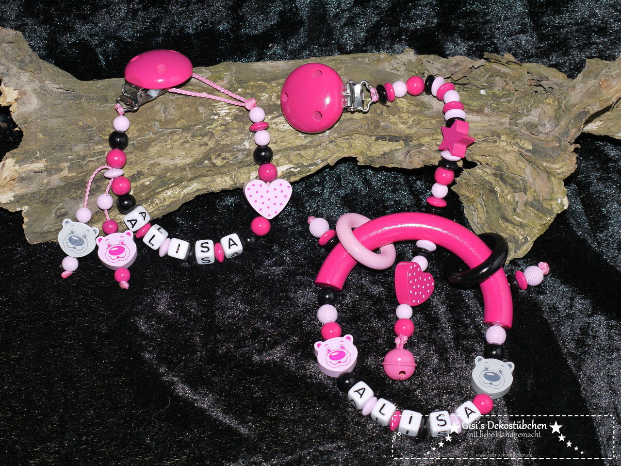 2 tlg. Set Schnullerkette mit Namen Teddy, Herz und Stern