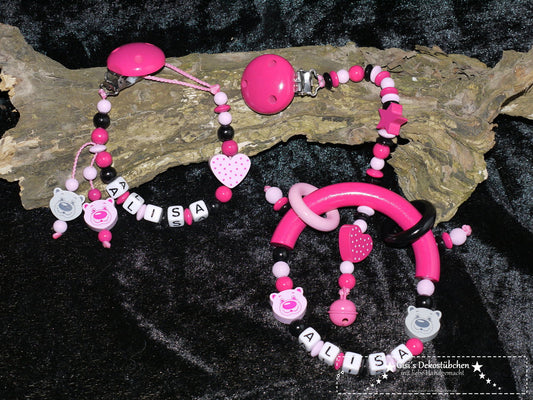 2 tlg. Set Schnullerkette mit Namen Teddy, Herz und Stern