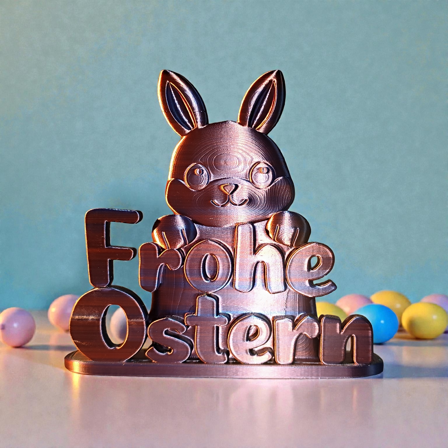 3D Druck Deko „Frohe Ostern“ mit Hase – flache Osterdekoration, freistehend, eigenes Design