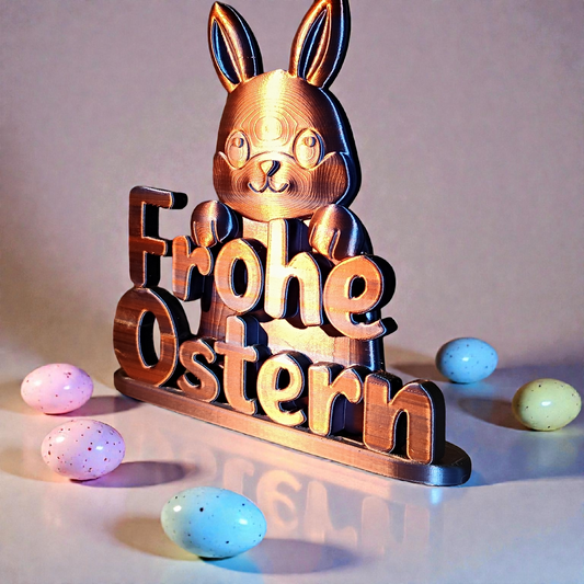 3D Druck Deko „Frohe Ostern“ mit Hase – flache Osterdekoration, freistehend, eigenes Design