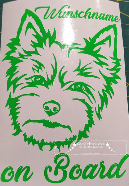 Autoaufkleber Autotattoos Hund Yorkshire Terrier mit Wunschnamen personalisiert selbstklebendes