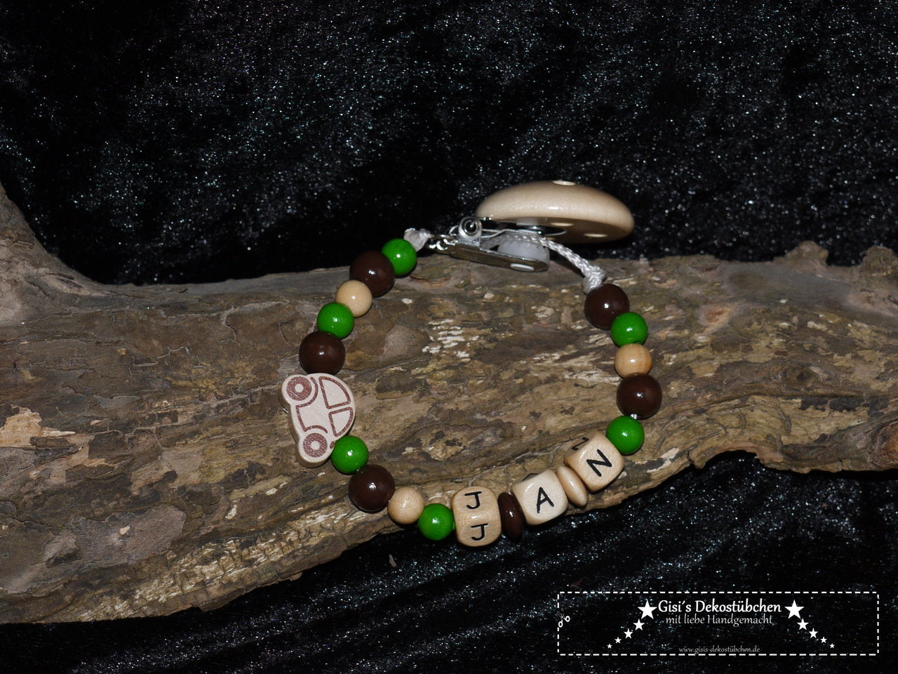 Baby Schnullerkette "Auto" in grün-braun