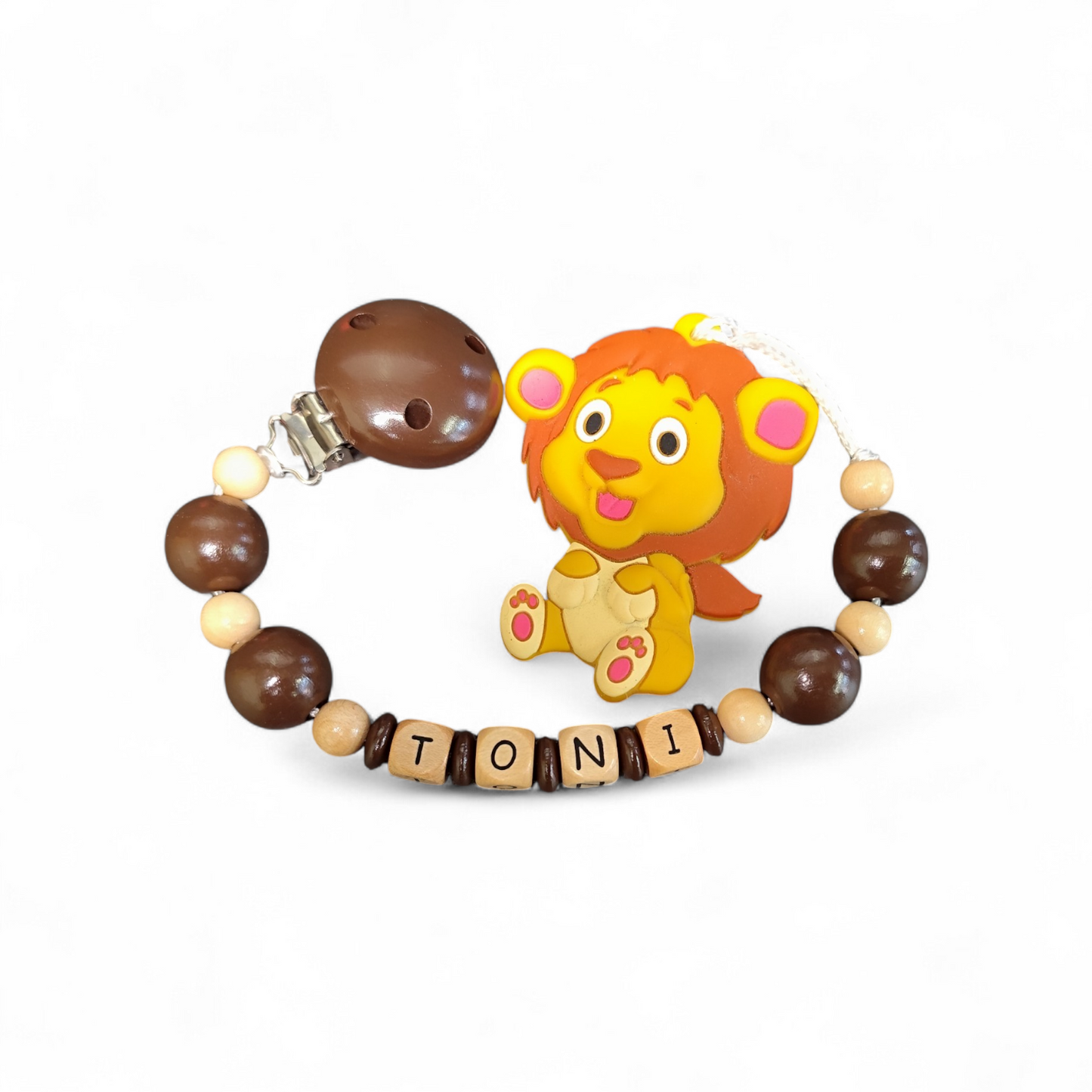 Beißkette Löwe mit Namen – Silikon & Holz, Zahnungshilfe Baby