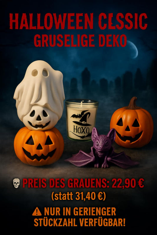 Halloween Box Classic „Gruselige Deko“ – Geschenkset mit Geist, Fledermaus, Kürbis & Duftkerze ---