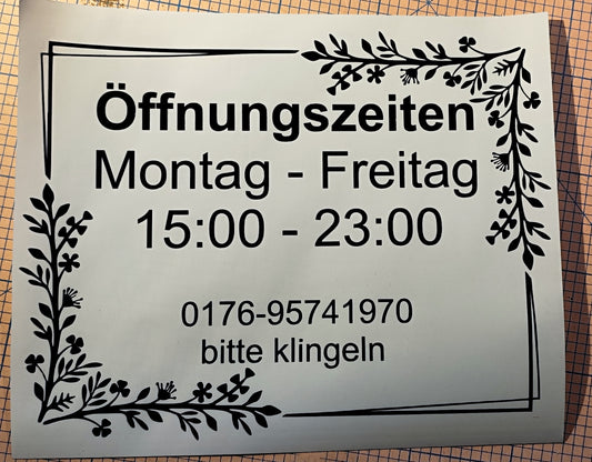 Individuelle Öffnungszeiten-Aufkleber | Wunschdesign & Wunschfarbe | Selbstklebend & leicht anzubringen