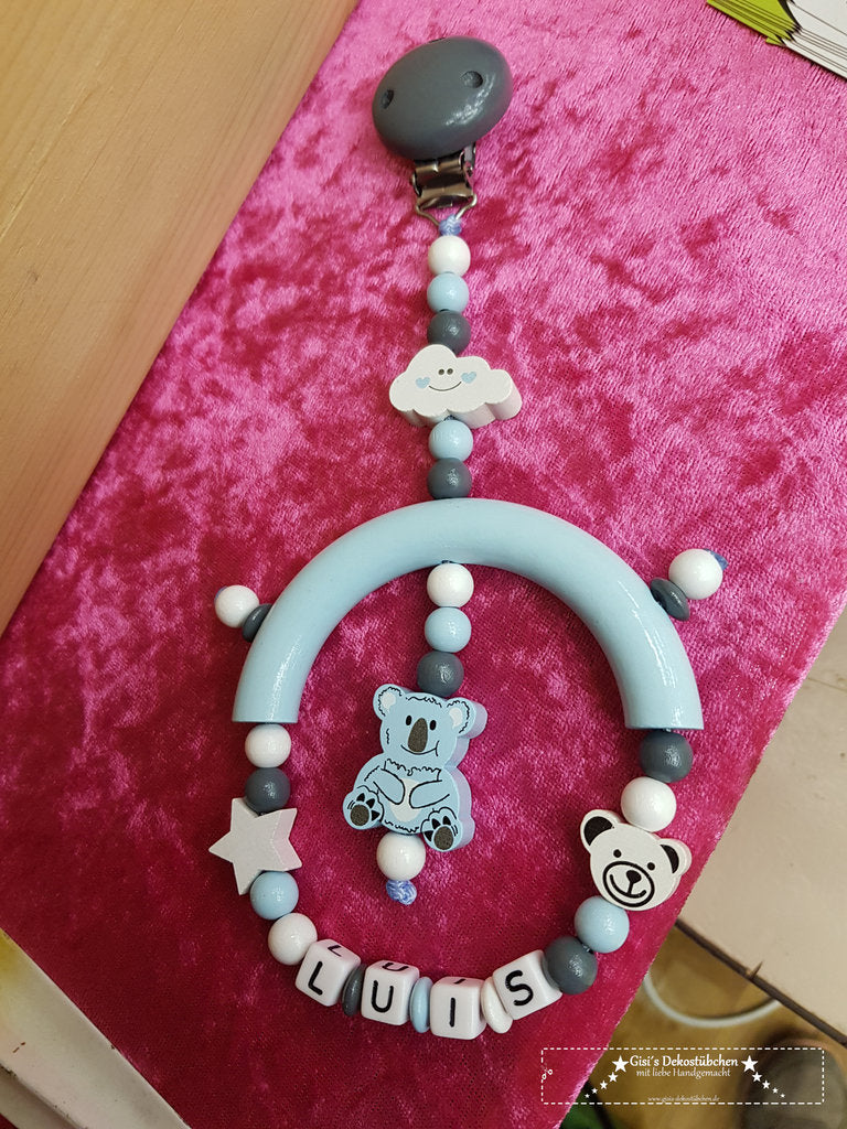 Kinderwagen Anhänger mit Name Bär Sterne grau