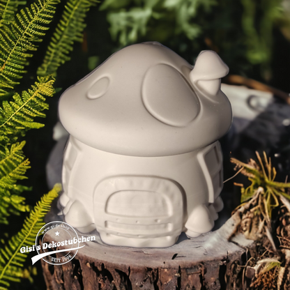 Niedlicher Keramik Pilz als Dose mit Tür und Schornstein.