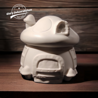 Niedlicher Keramik Pilz als Dose mit Tür und Schornstein.