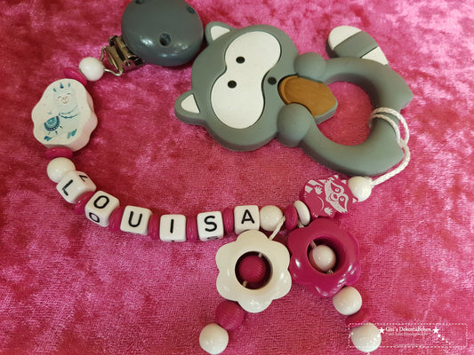 Beißkette aus HOLZ Silikon Waschbär pink