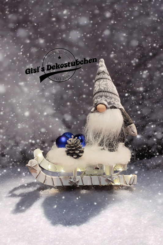 Schlitten Wichtel Advent Weihnachten Winter Holz Blau / Grau