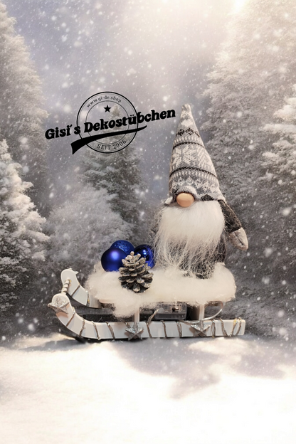 Schlitten Wichtel Advent Weihnachten Winter Holz Blau / Grau