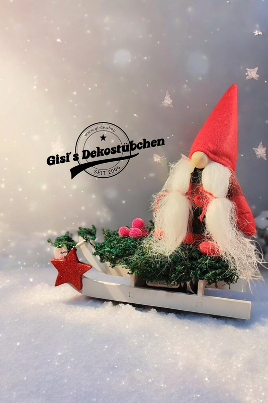 Schlitten Wichtel Advent Weihnachten Winter Holz rot Beeren