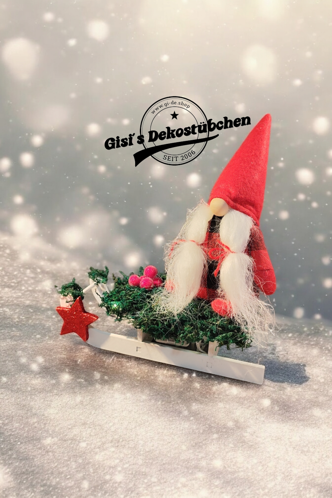 Schlitten Wichtel Advent Weihnachten Winter Holz rot Beeren