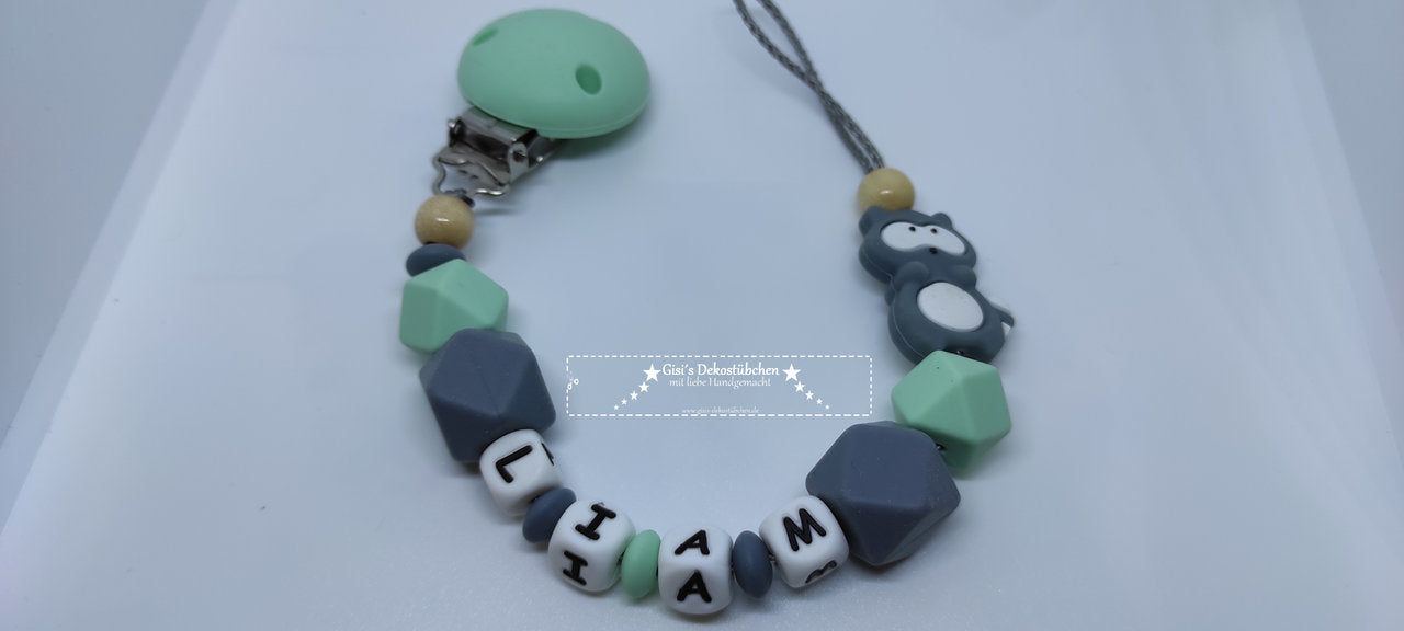 Schnullerkette Silikon Waschbär grau/mint