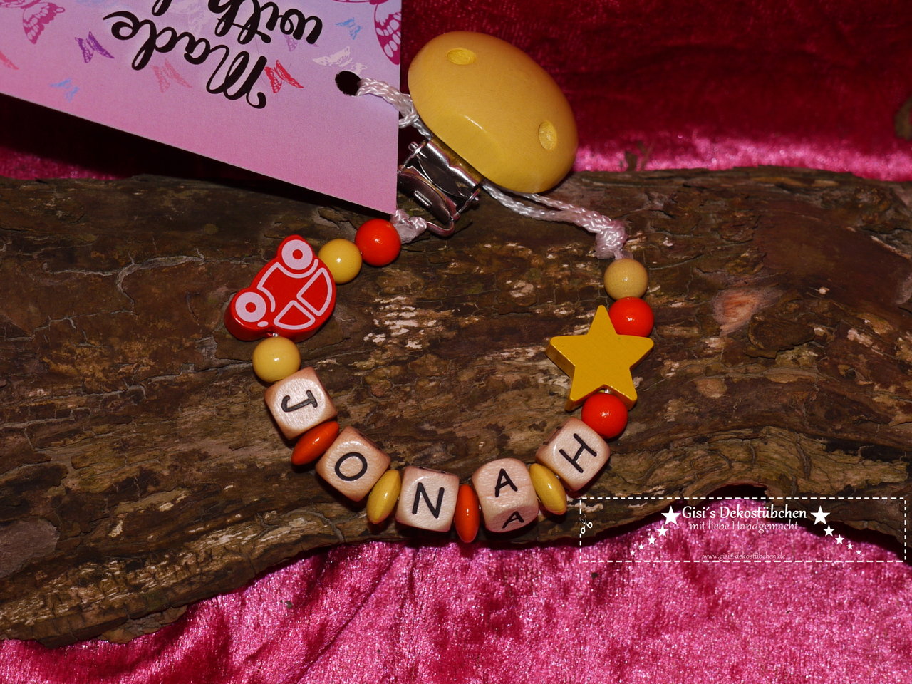 Schnullerkette mit Namen "Auto+Stern-gelb-orange"