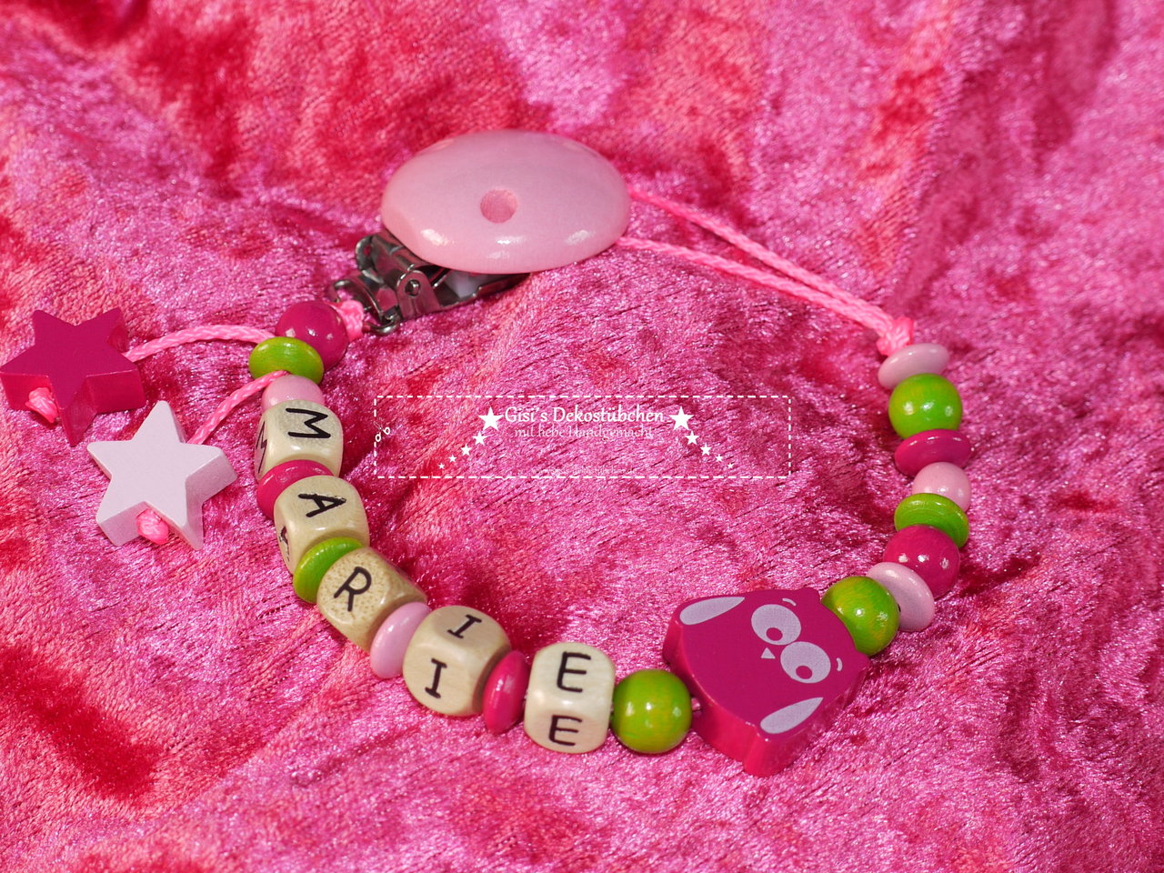 Schnullerkette mit Namen Eule/Stern