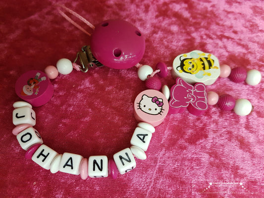 Schnullerkette mit Namen Elefant, Biene pink