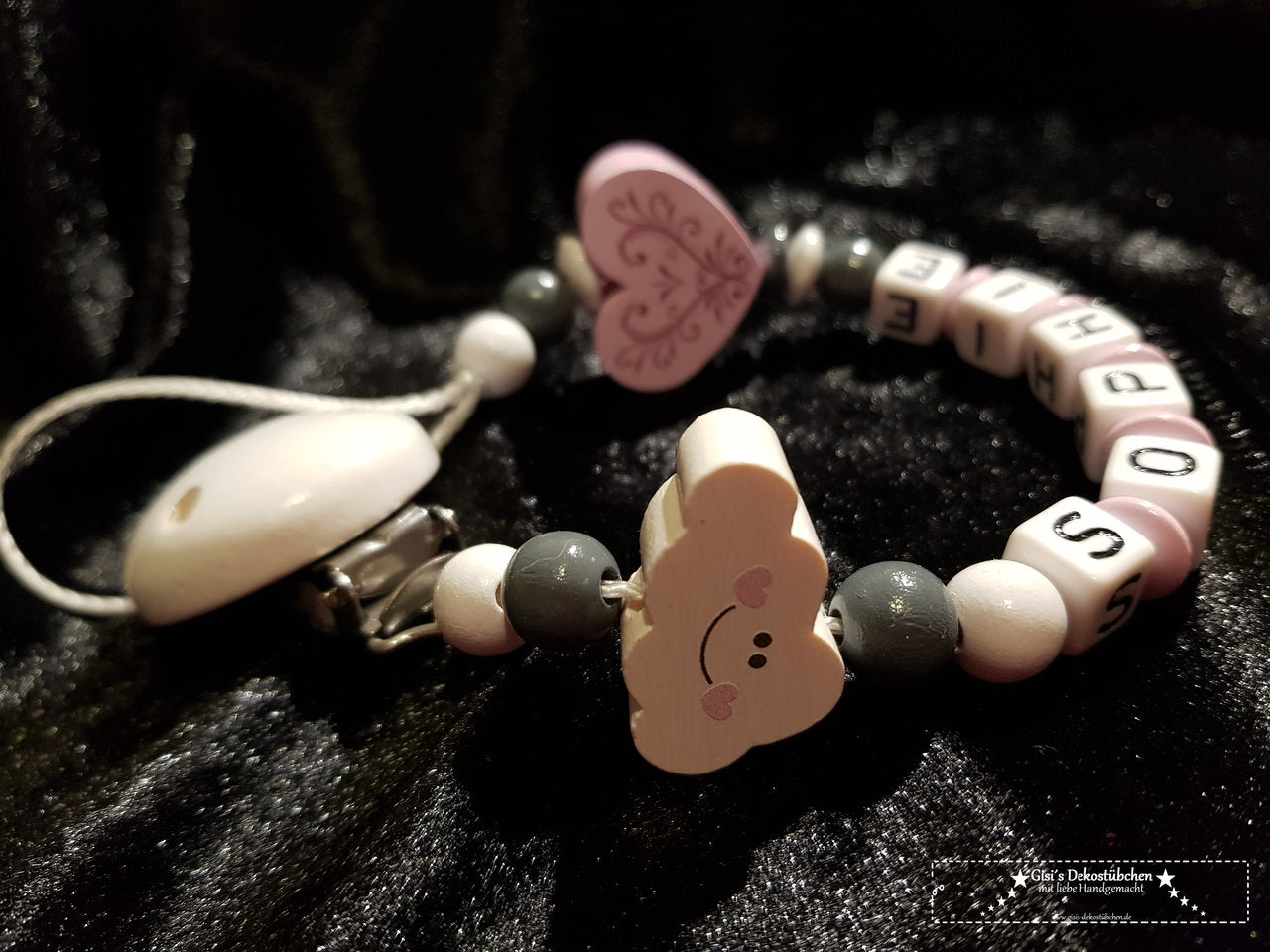 Schnullerkette mit Namen Wolke Herz rosa