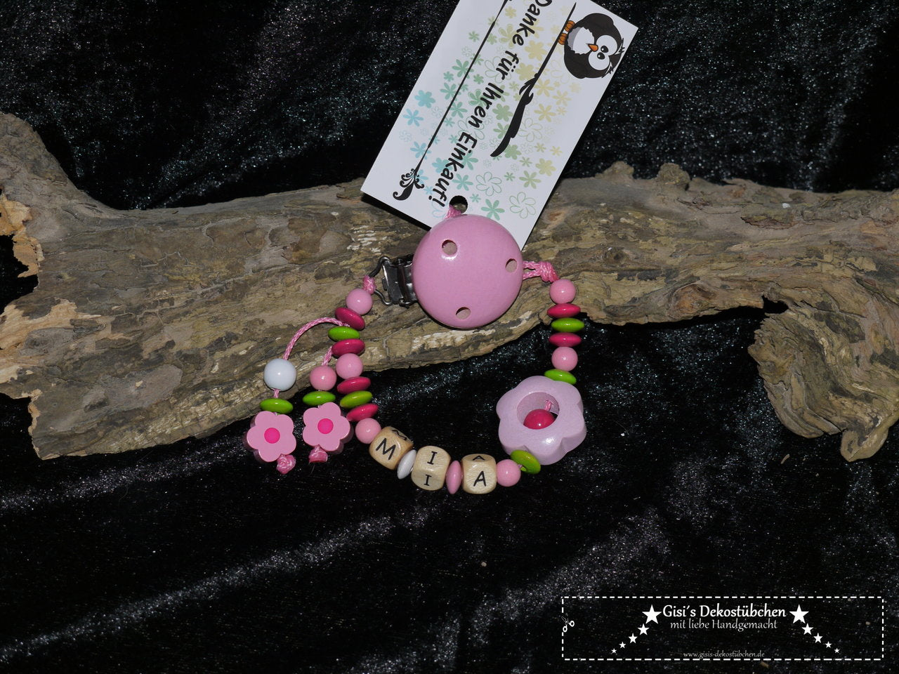 Schnullerkette mit Namen + Blumen