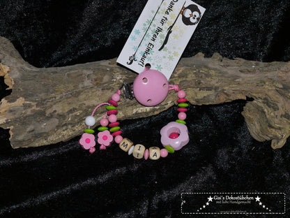 Schnullerkette mit Namen + Blumen