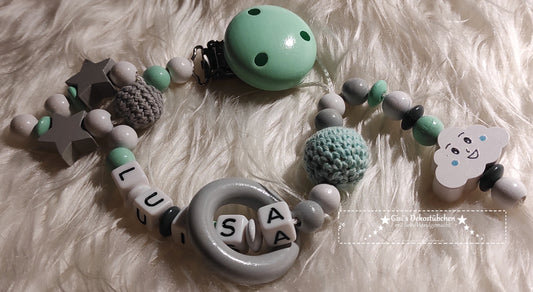 Schnullerkette mit Namen Wolke + Stern weiß/grau/mint