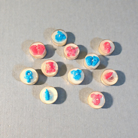 Sojawachs Teelichter zur Babyparty – Blau oder Rosa Baby-Motiv Kerzen