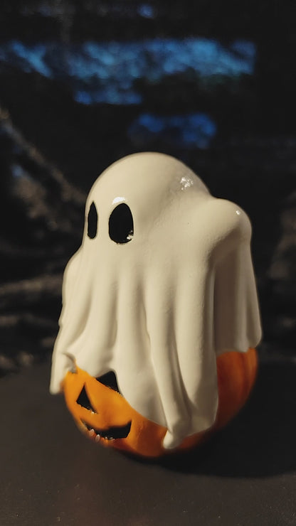 Geist auf Kürbis aus Keramik Halloween Herbst Gruselige Dekoration Handbemalt